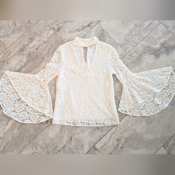 Wayf Tops - Wayf Ivory Lace Bell Sleeve Blouse